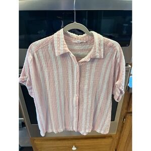 Jane + Delancey Button Down Rayon Seersucker Pink White Striped Preppy Top M